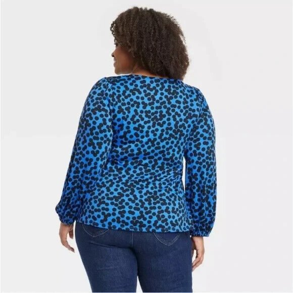 -New Ava & Viv Women's Long Sleeve Sweetheart Knit Blouse - Blue Polka Dot XXL - Picture 2 of 9
